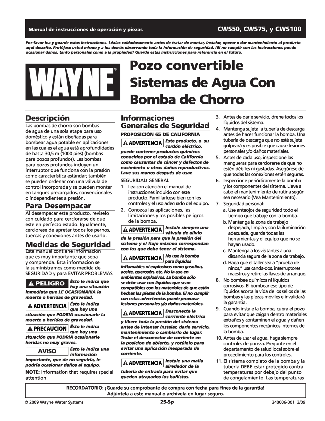 Wayne CWS75 Pozo convertible Sistemas de Agua Con, Bomba de Chorro, Descripción, Para Desempacar, Medidas de Seguridad 
