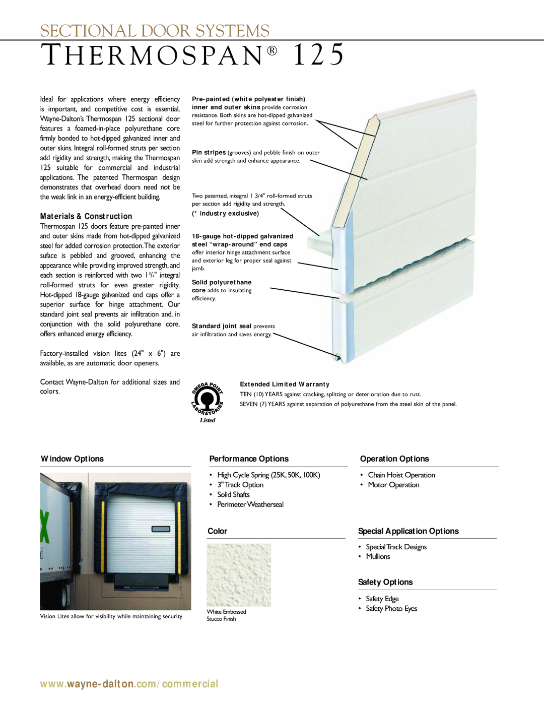 Wayne-Dalton 125 manual Materials & Construction, Window Options Performance Options Operation Options, Safety Options 