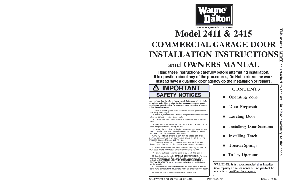 Wayne-Dalton 2415 warranty Model 2411 