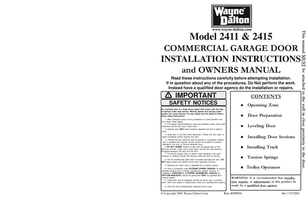 Wayne-Dalton 2415 warranty Operating Zone Door Preparation Leveling Door, Installing Door Sections Installing Track, Model 