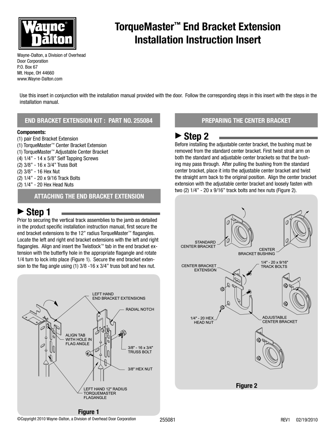 Wayne-Dalton 255081 installation manual Step, END Bracket Extension KIT Part no 