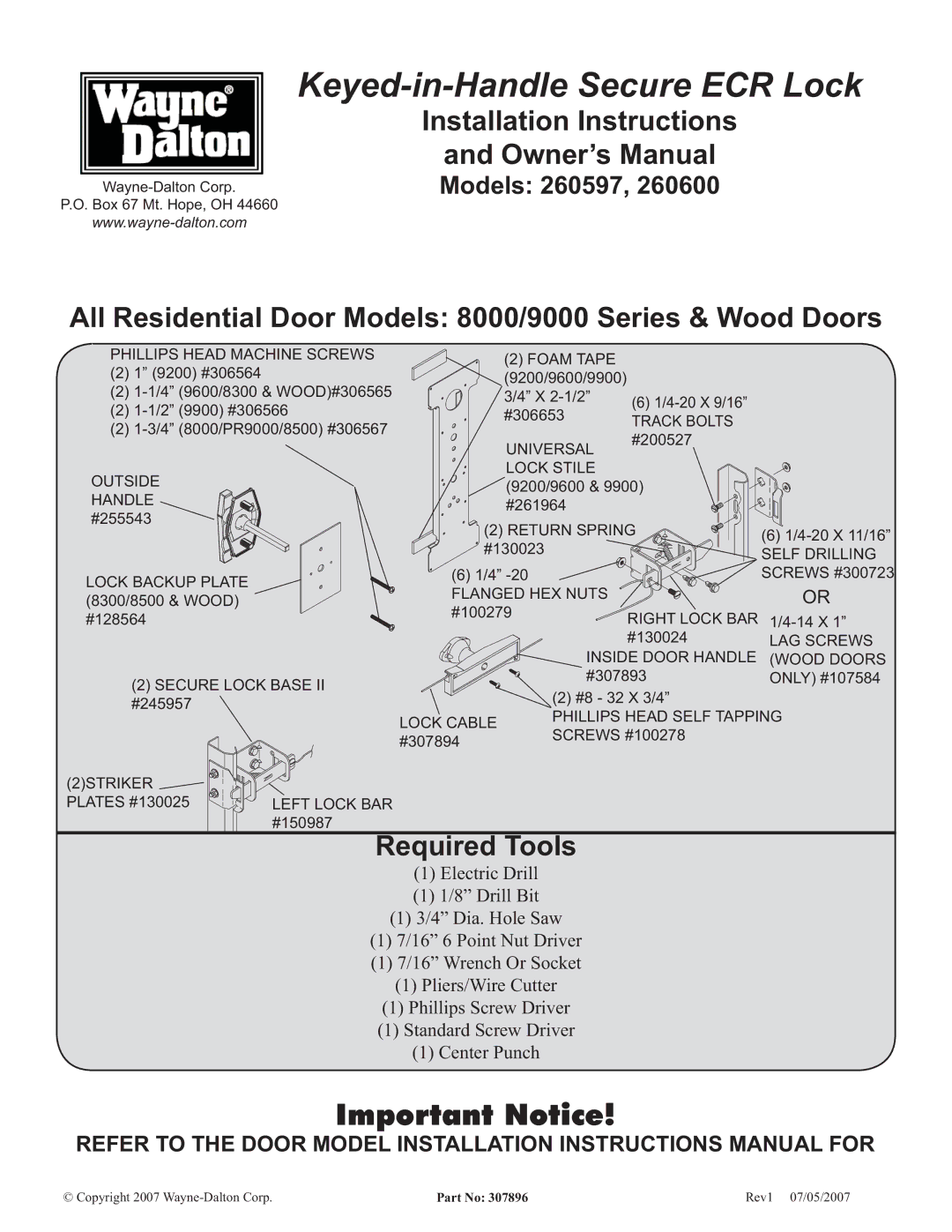 Wayne-Dalton 260597, 260600 installation instructions Keyed-in-Handle Secure ECR Lock 