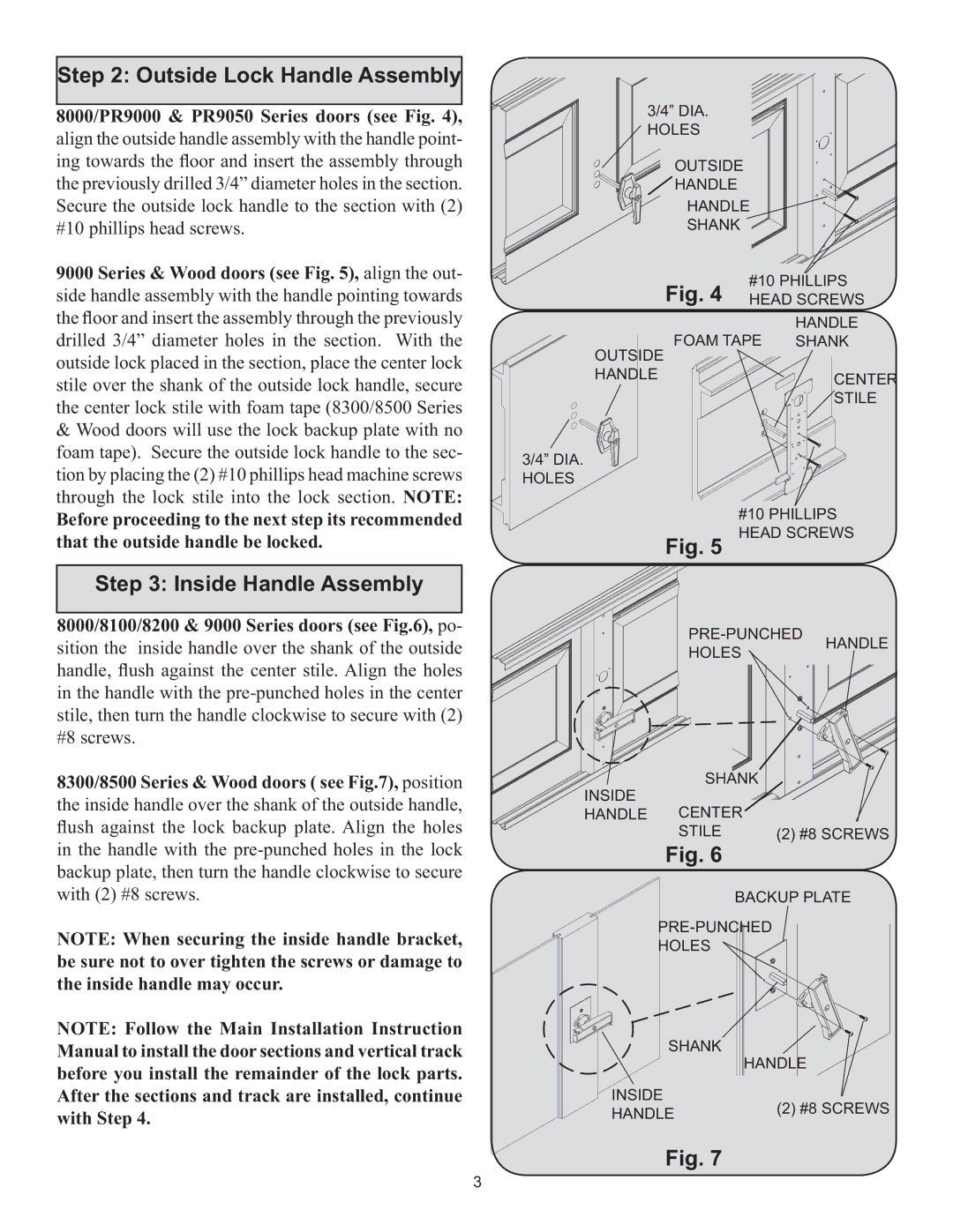 Wayne-Dalton 260597, 260600 installation instructions Outside Lock Handle Assembly, Inside Handle Assembly 