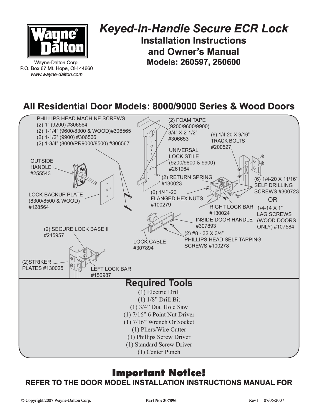Wayne-Dalton 260597 installation instructions Keyed-in-HandleSecure ECR Lock, Important Notice, Required Tools, Models 