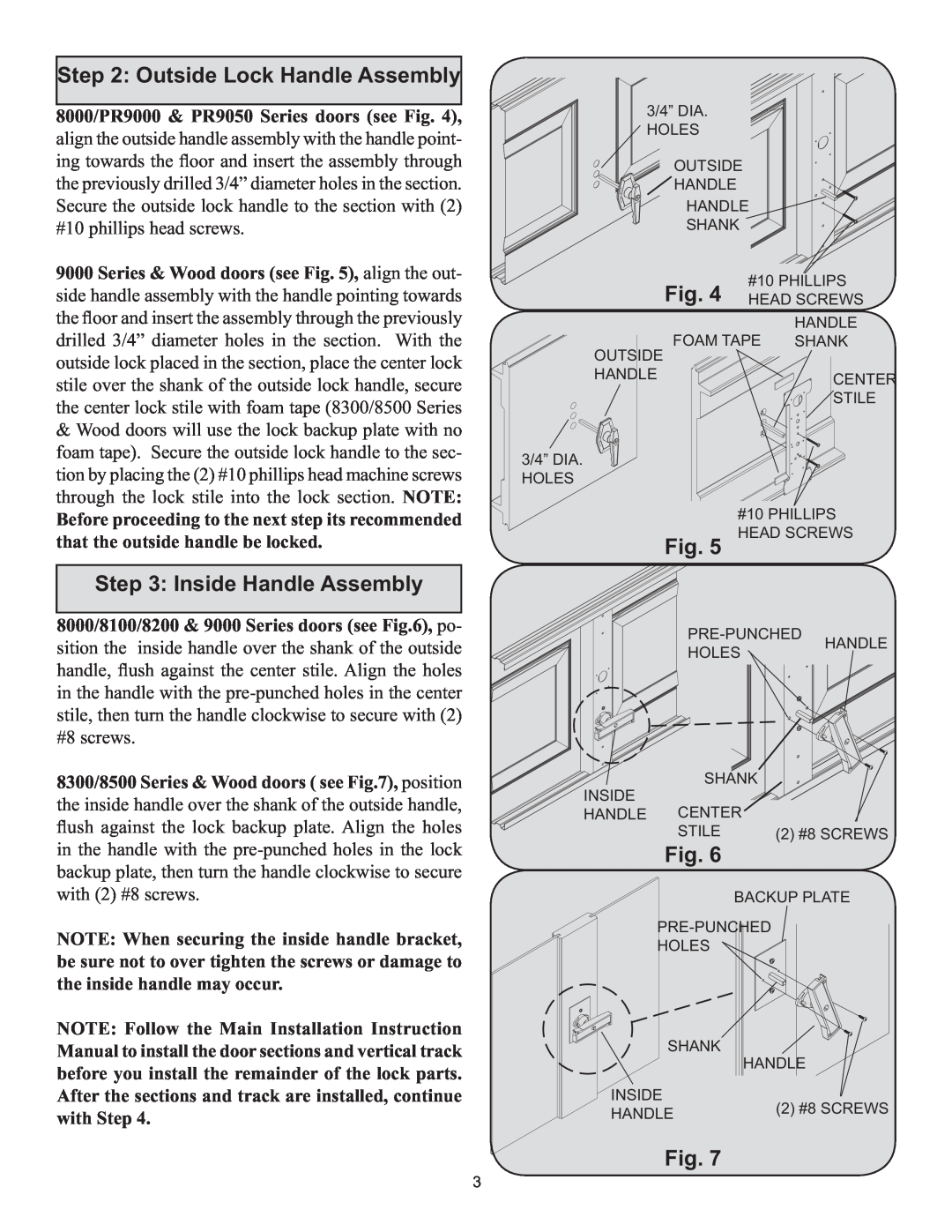 Wayne-Dalton 260597, 260600 installation instructions Outside Lock Handle Assembly, Inside Handle Assembly, Fig 