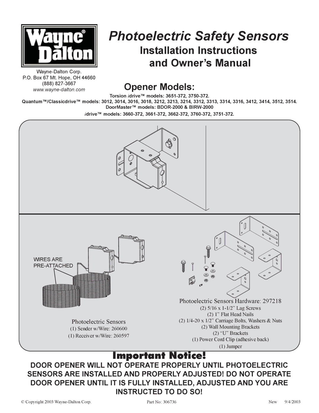 Wayne-Dalton 3014, 3012, 3651-372, 3750-372 installation instructions Photoelectric Safety Sensors, Opener Models 