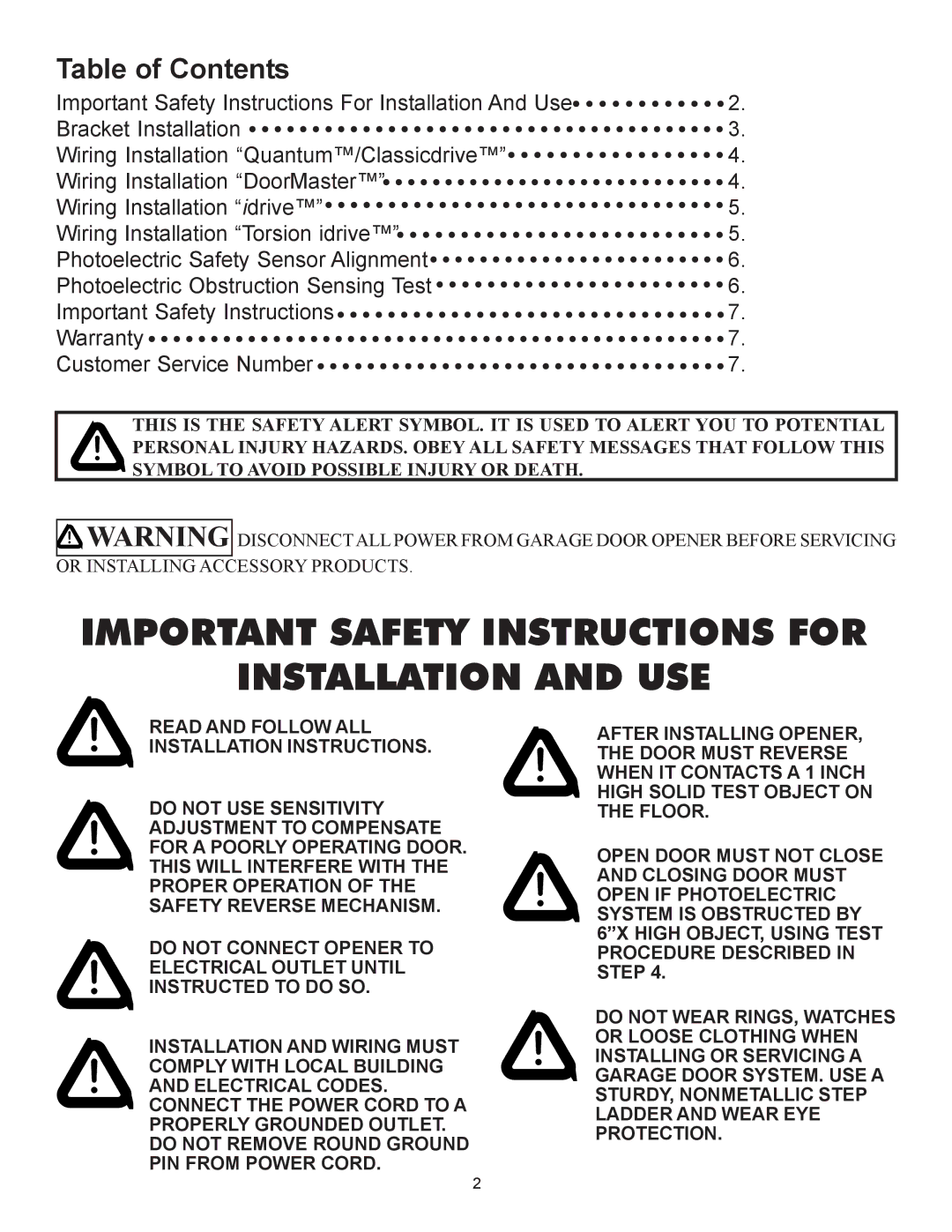 Wayne-Dalton 3651-372, 3012, 3014, 3750-372 Important Safety Instructions for Installation and USE, Table of Contents 