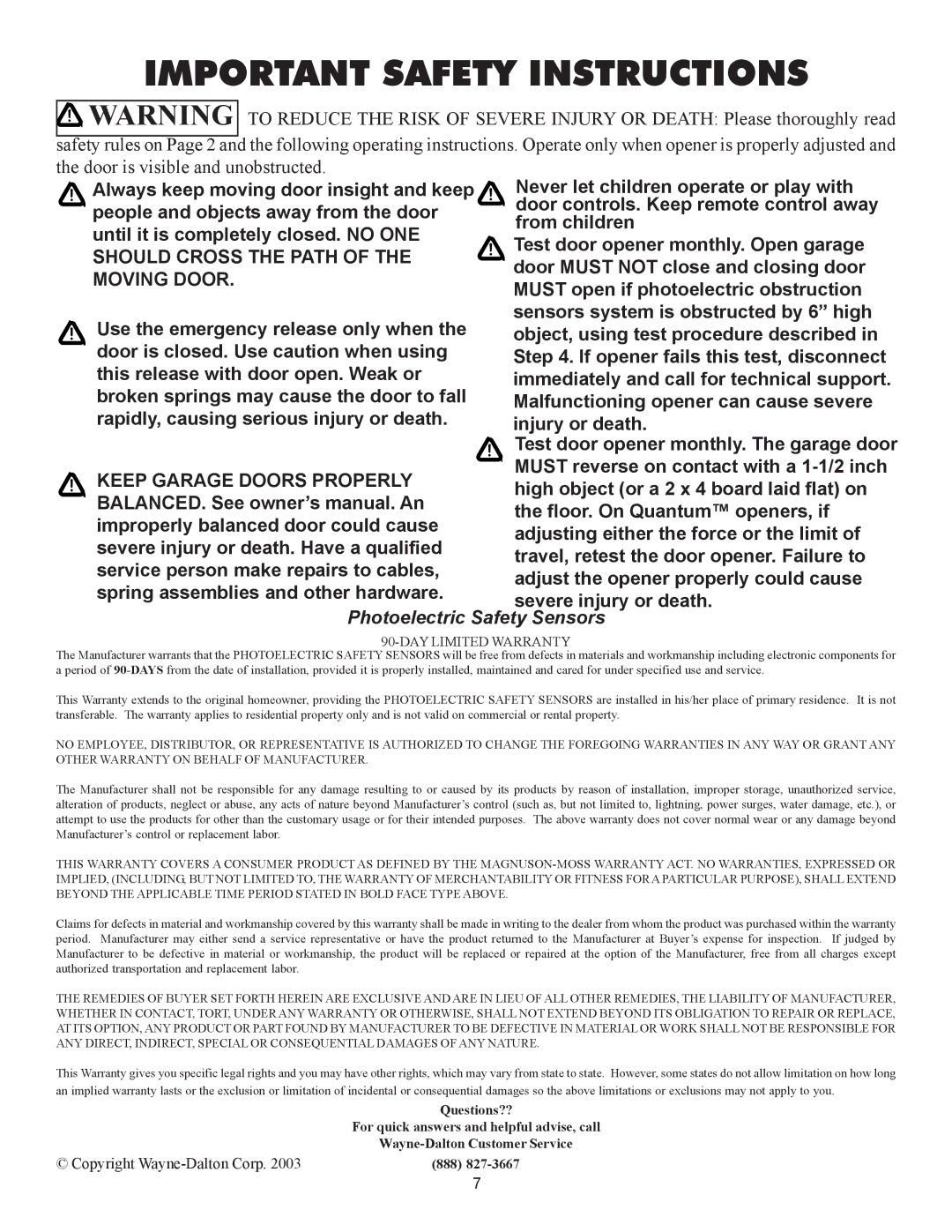 Wayne-Dalton 3750-372, 3012, 3014, 3651-372 installation instructions Important Safety Instructions 