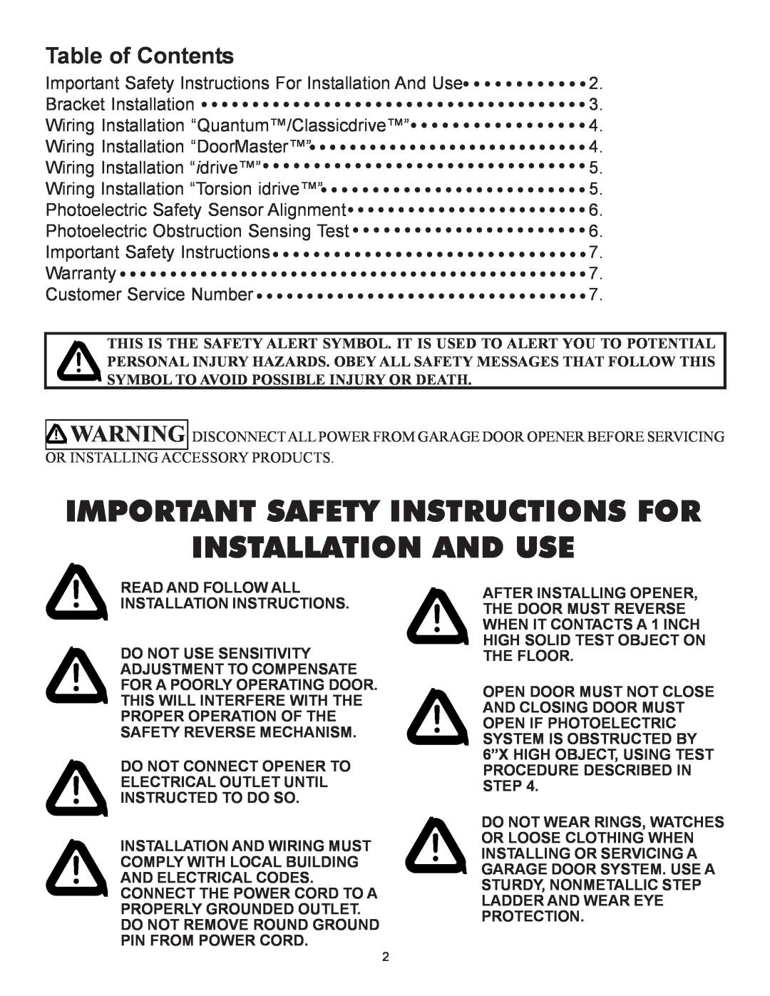 Wayne-Dalton 3651-372, 3012, 3014, 3750-372 Table of Contents, Important Safety Instructions For, Installation And Use 