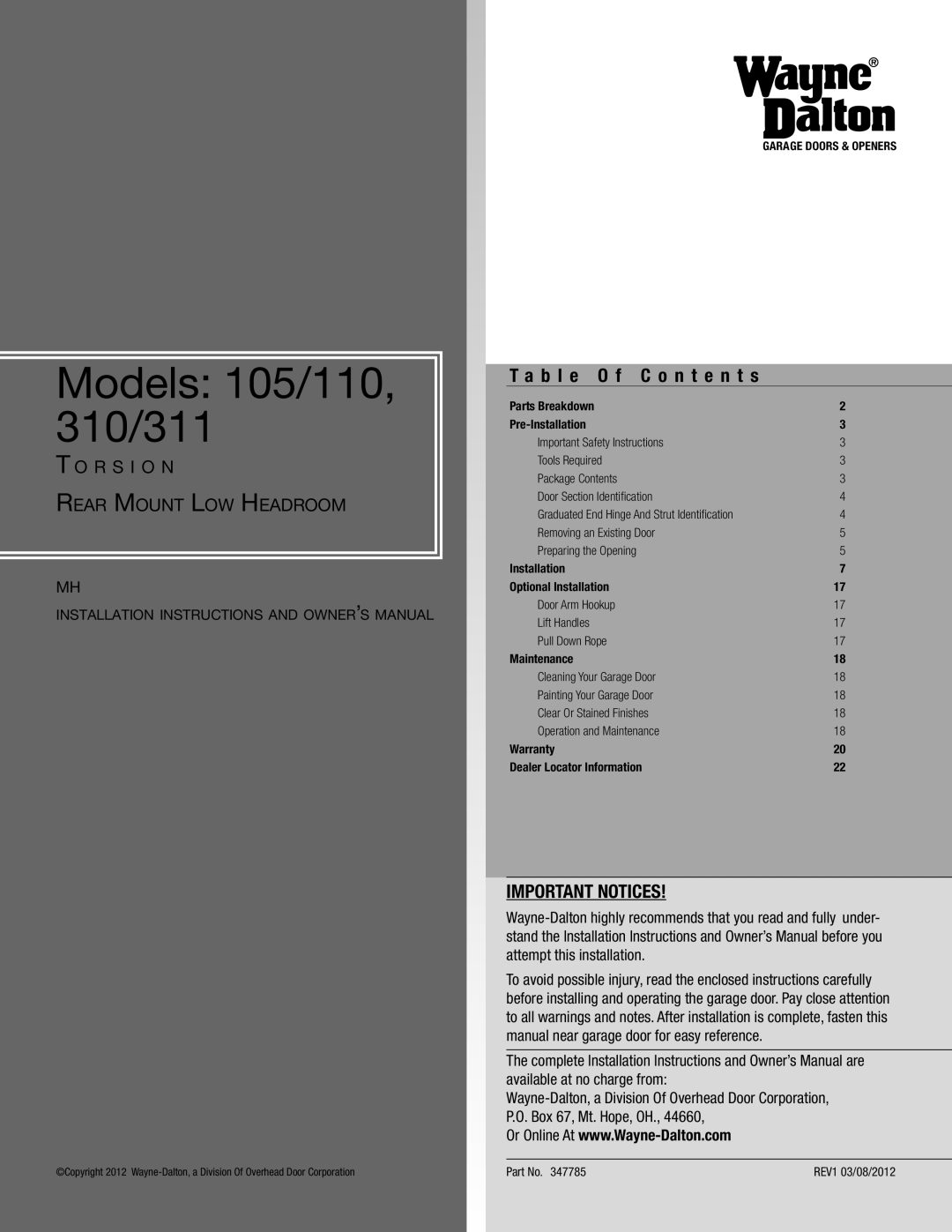 Wayne-Dalton installation instructions T a b l e O f C o n t e n t s, Important Notices, Models 105/110, 310/311 