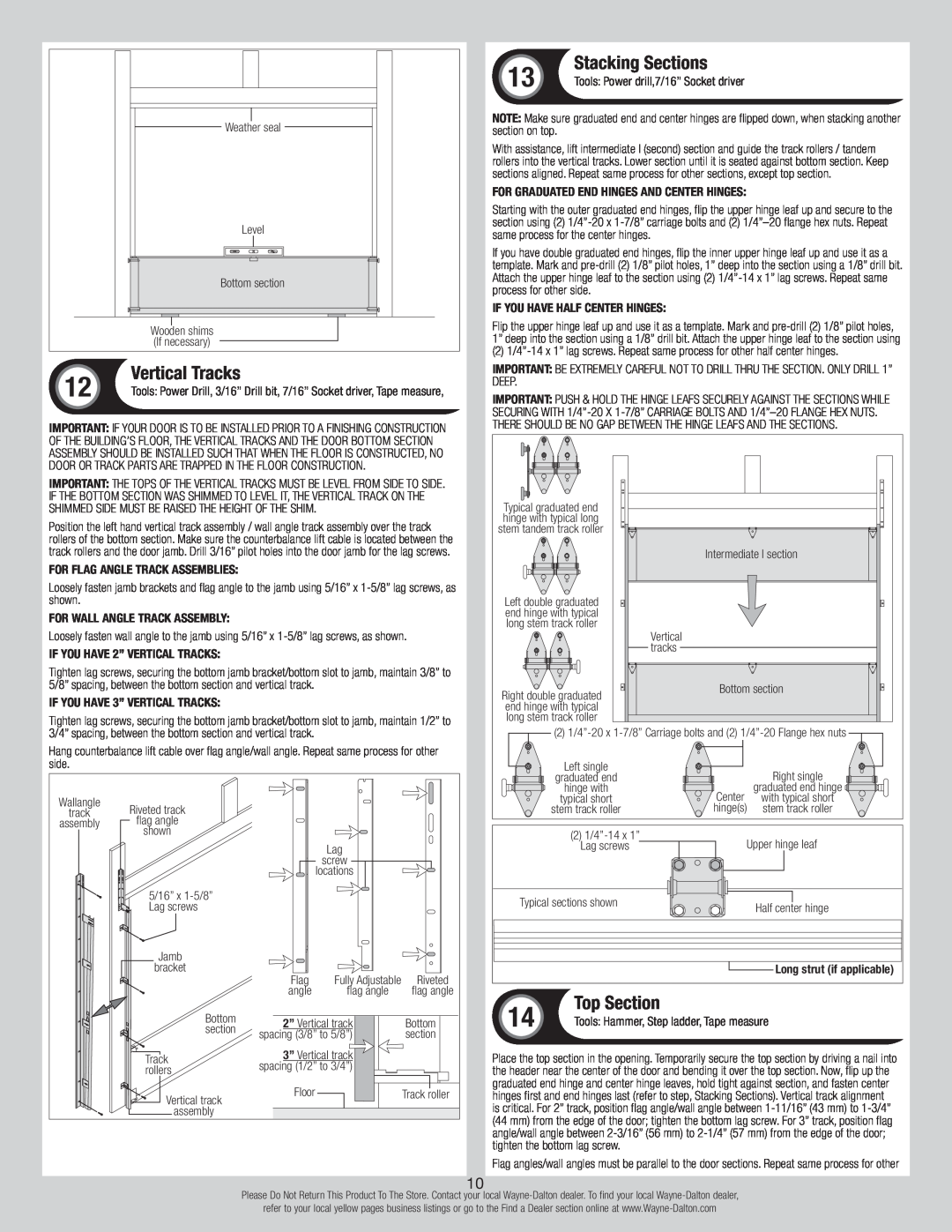 Wayne-Dalton 310/311, 105/110 installation instructions Vertical Tracks, Stacking Sections, Top Section 