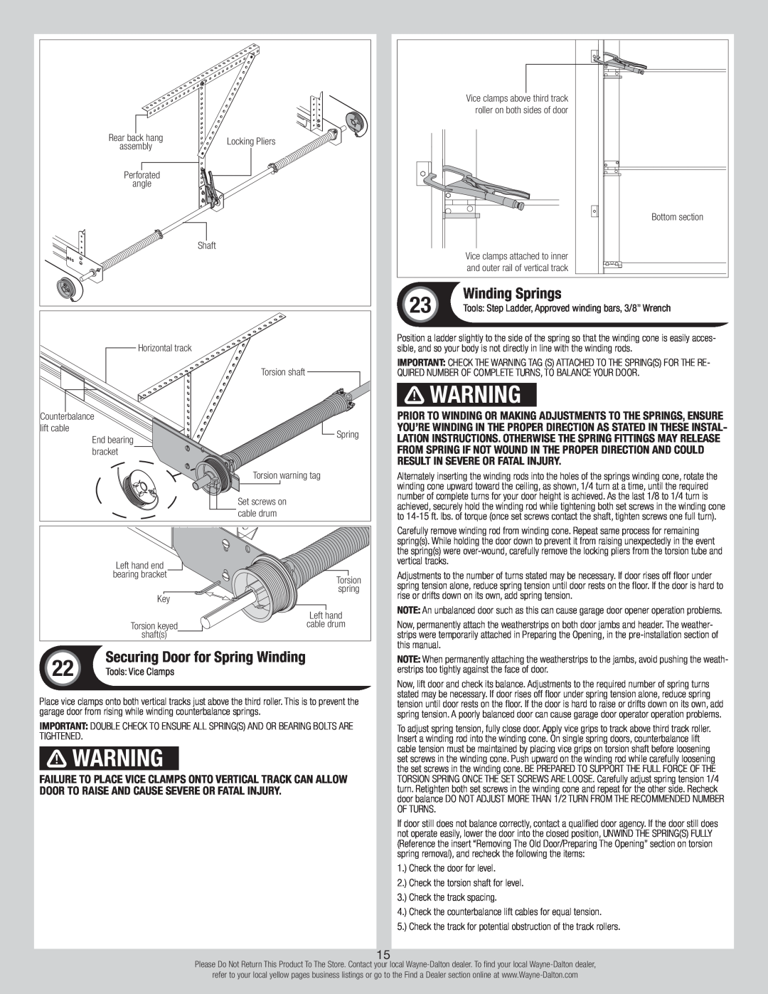 Wayne-Dalton 105/110, 310/311 installation instructions Winding Springs, Securing Door for Spring Winding 