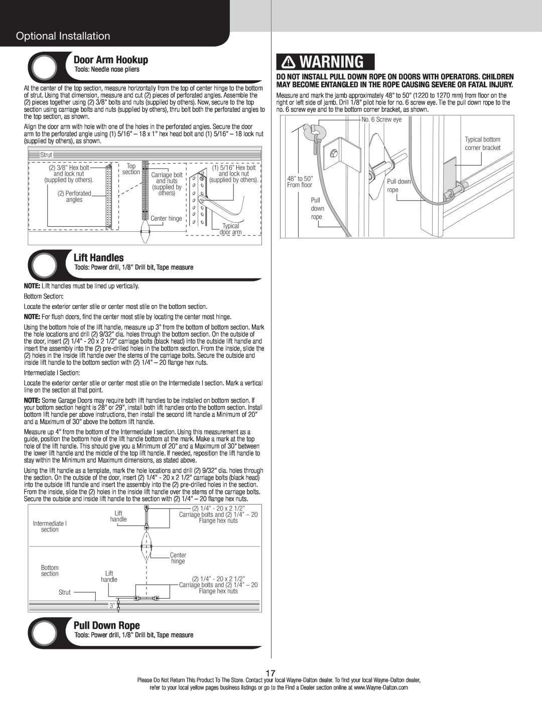 Wayne-Dalton 105/110, 310/311 installation instructions Optional Installation, Door Arm Hookup, Lift Handles, Pull Down Rope 