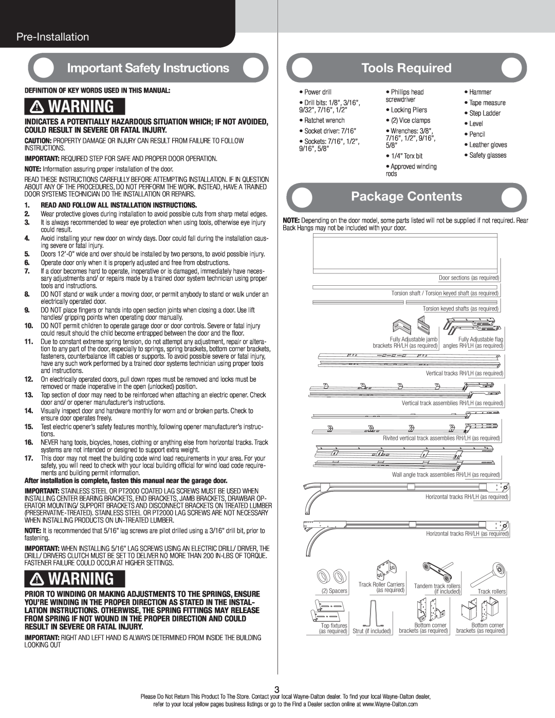 Wayne-Dalton 105/110, 310/311 Important Safety Instructions, Tools Required, Package Contents, Pre-Installation 