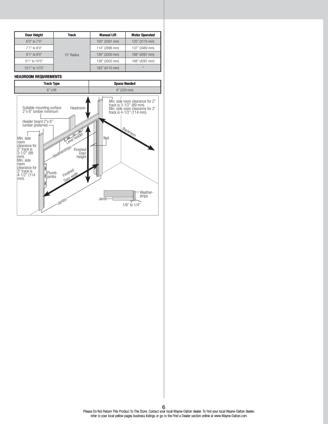 Wayne-Dalton 310/311, 105/110 installation instructions Headroom Requirements 