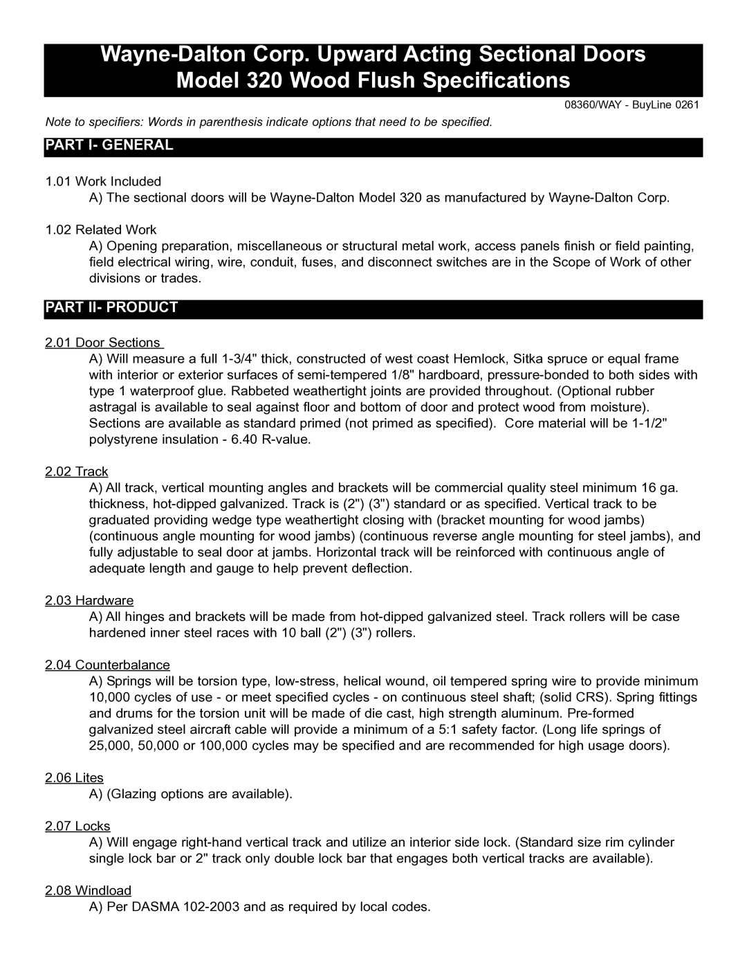 Wayne-Dalton 320 specifications Part I- General, Part II- Product 