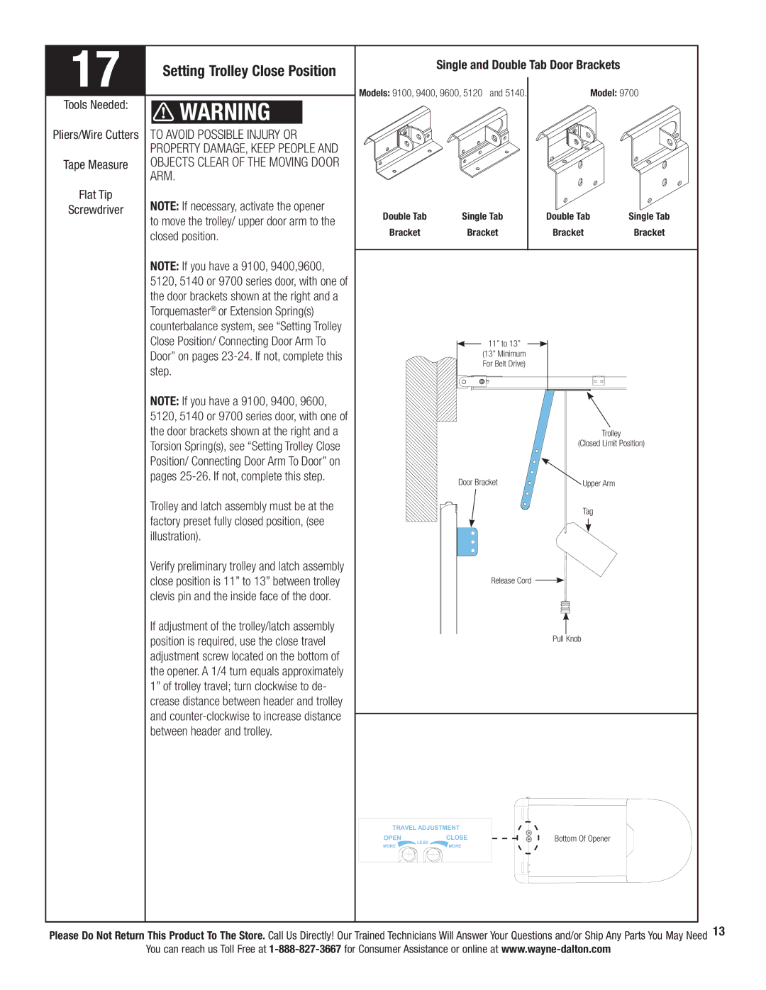 Wayne-Dalton 3220C, 3324B, 3322B-Z, 3320B, 3224C-Z, 3222C Setting Trolley Close Position, Arm, To Avoid Possible Injury or 