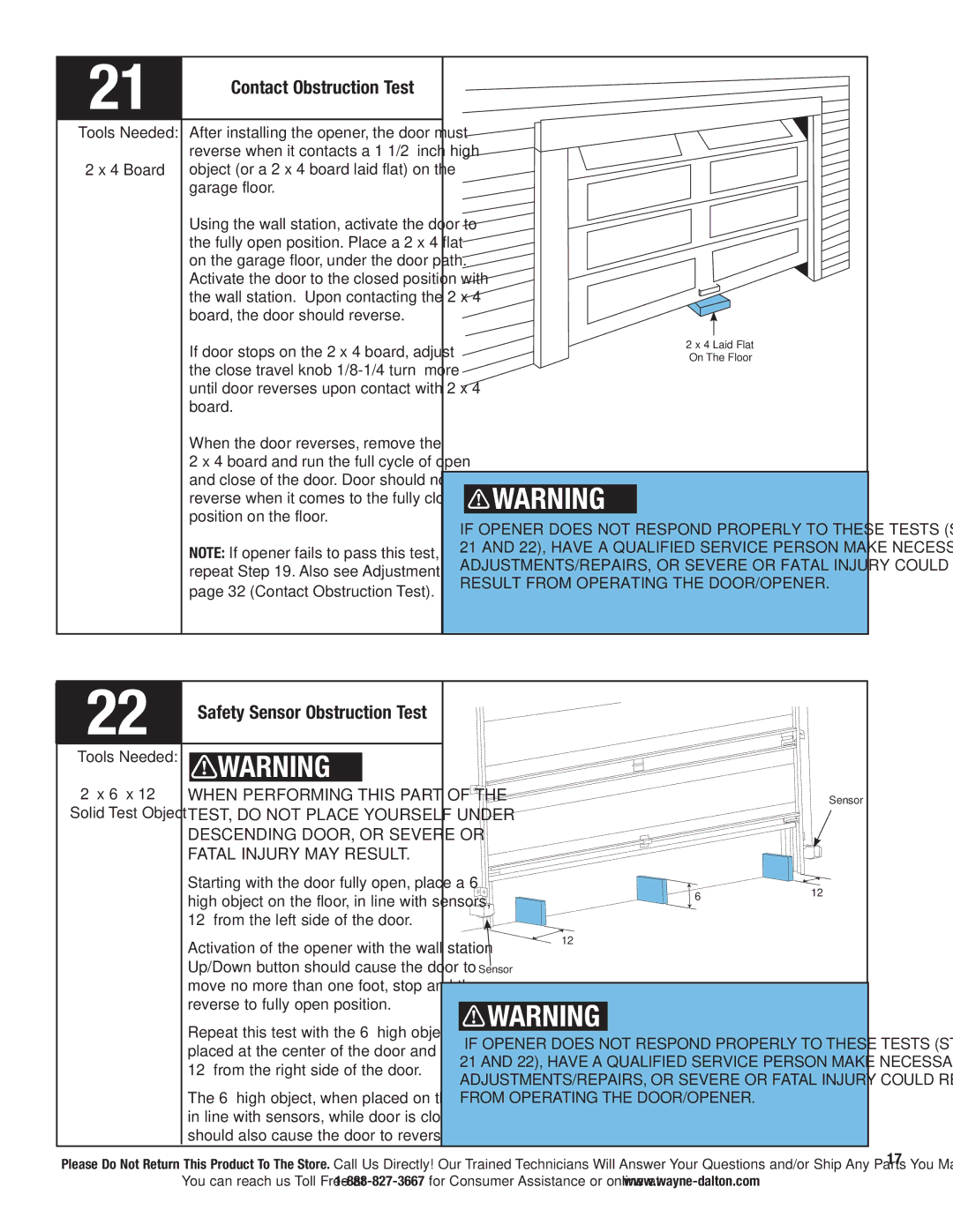 Wayne-Dalton 3221C-Z, 3324B, 3320B Contact Obstruction Test, Fatal Injury MAY Result, Result from Operating the DOOR/OPENER 