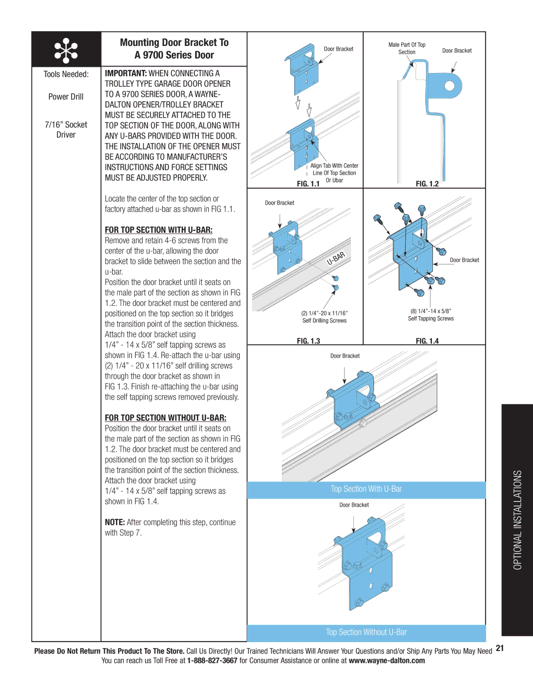 Wayne-Dalton 3322B-Z Mounting Door Bracket To Series Door, Optional Installations, Tools Needed Power Drill Socket Driver 