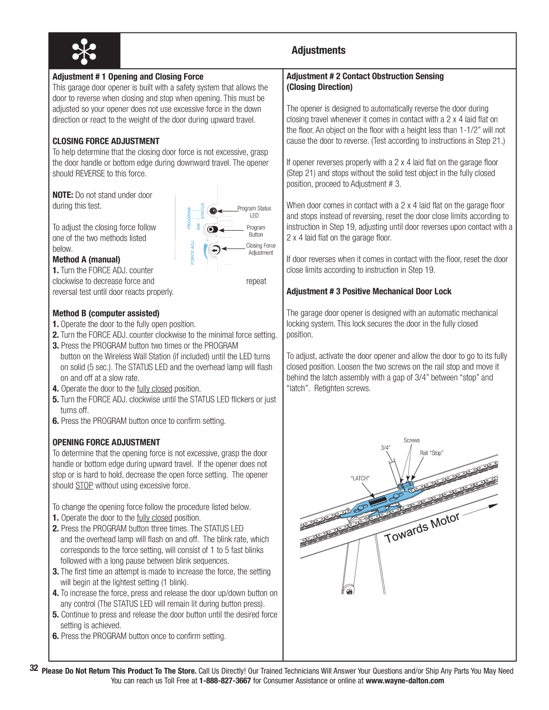 Wayne-Dalton 3320B-Z, 3324B, 3322B Adjustments, Adjustment # 1 Opening and Closing Force, Closing Force Adjustment, Repeat 