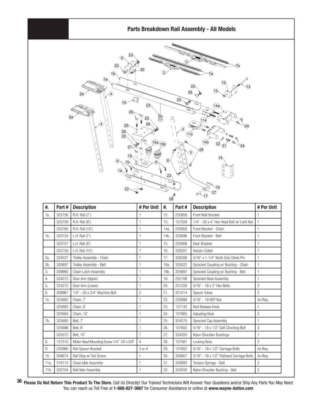 Wayne-Dalton 3224C-Z, 3324B, 3322B-Z, 3320B, 3222C, 3220C Parts Breakdown Rail Assembly All Models, Description, # Per Unit 