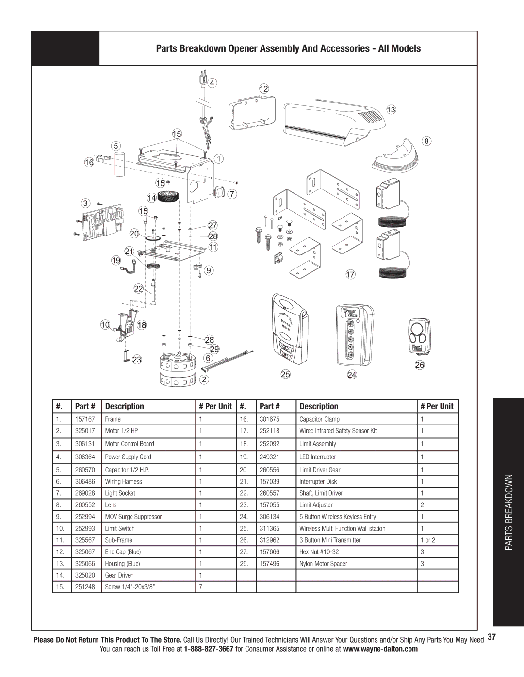 Wayne-Dalton 3324B, 3322B-Z, 3320B Parts Breakdown Opener Assembly And Accessories All Models, Description # Per Unit 