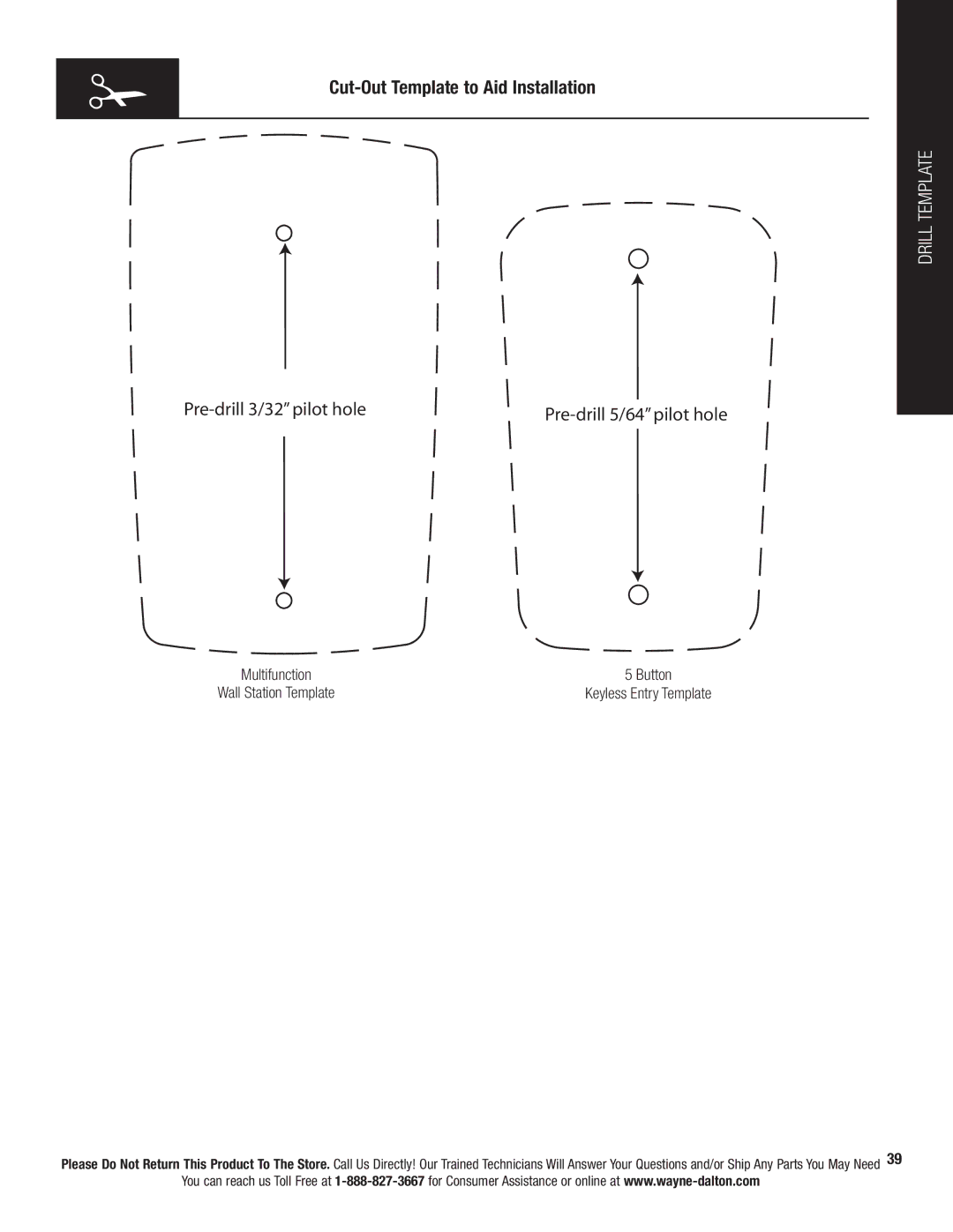 Wayne-Dalton 3220C, 3324B, 3322B-Z, 3320B, 3224C-Z, 3222C Pre-drill 3/32 pilot hole, Drill Template, Pre-drill 5/64 pilot hole 