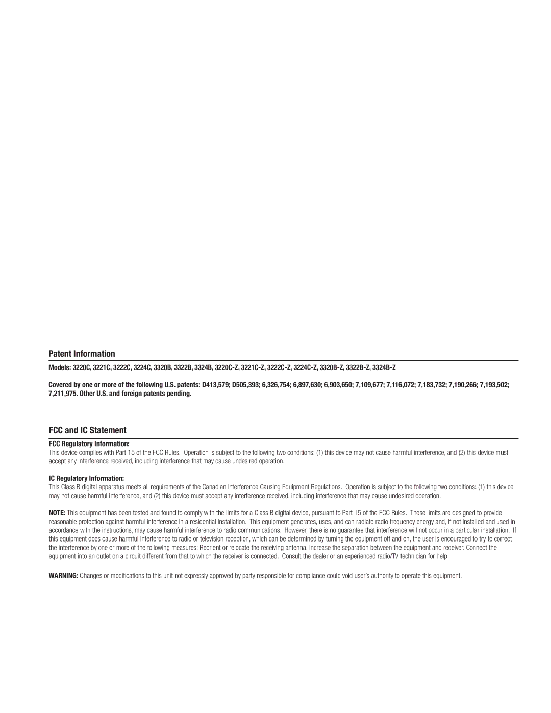 Wayne-Dalton 3220C-Z, 3324B, 3322B-Z, 3224C-Z, 3222C-Z, 3221C-Z, 3320B-Z Patent Information, FCC and IC Statement 