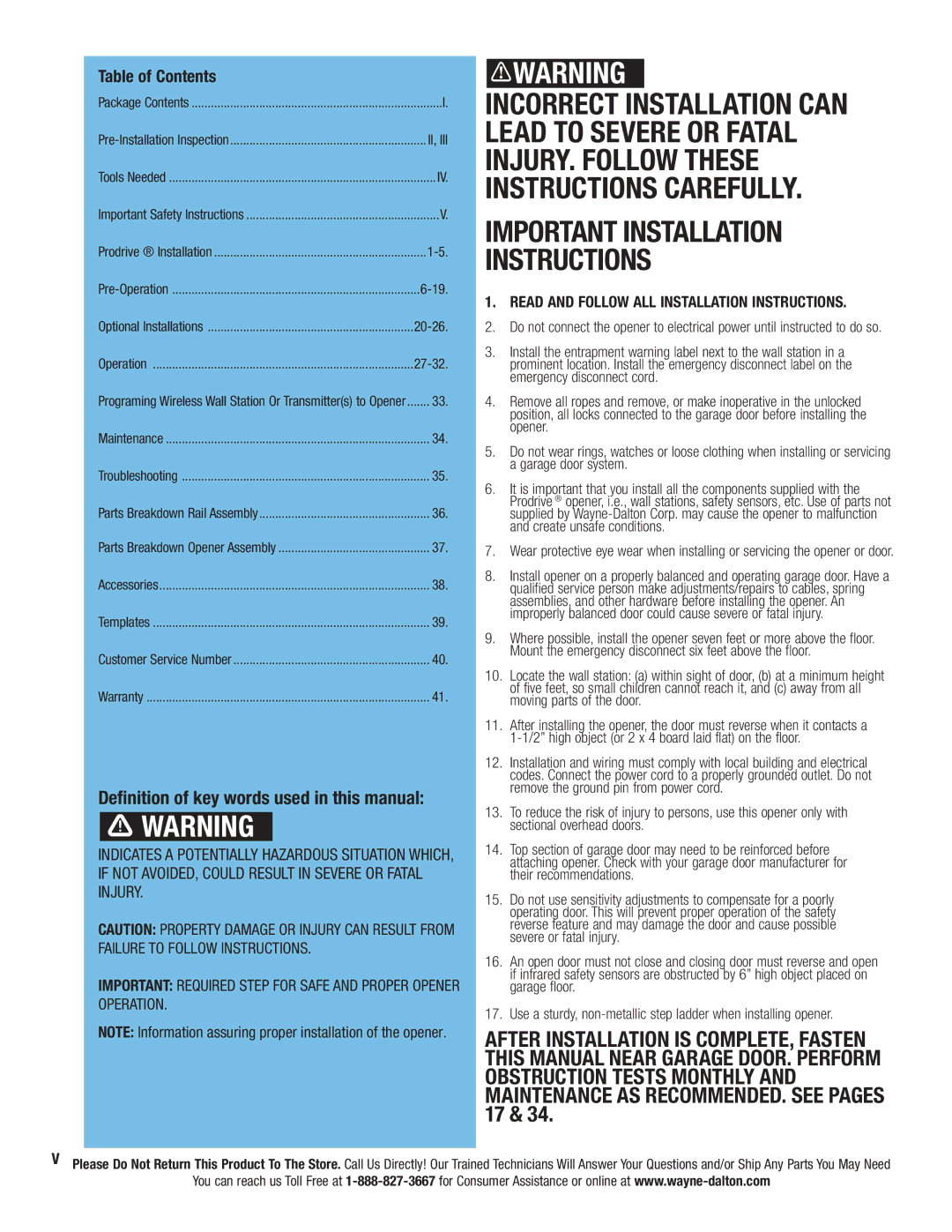 Wayne-Dalton 3220C, 3324B, 3322B-Z, 3320B, 3224C-Z, 3222C, 3221C Deﬁnition of key words used in this manual, Table of Contents 