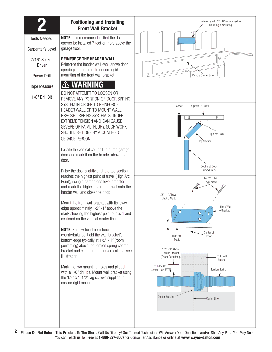 Wayne-Dalton 3222C-Z, 3324B, 3320B Positioning and Installing Front Wall Bracket, Service Person, Reinforce the Header Wall 