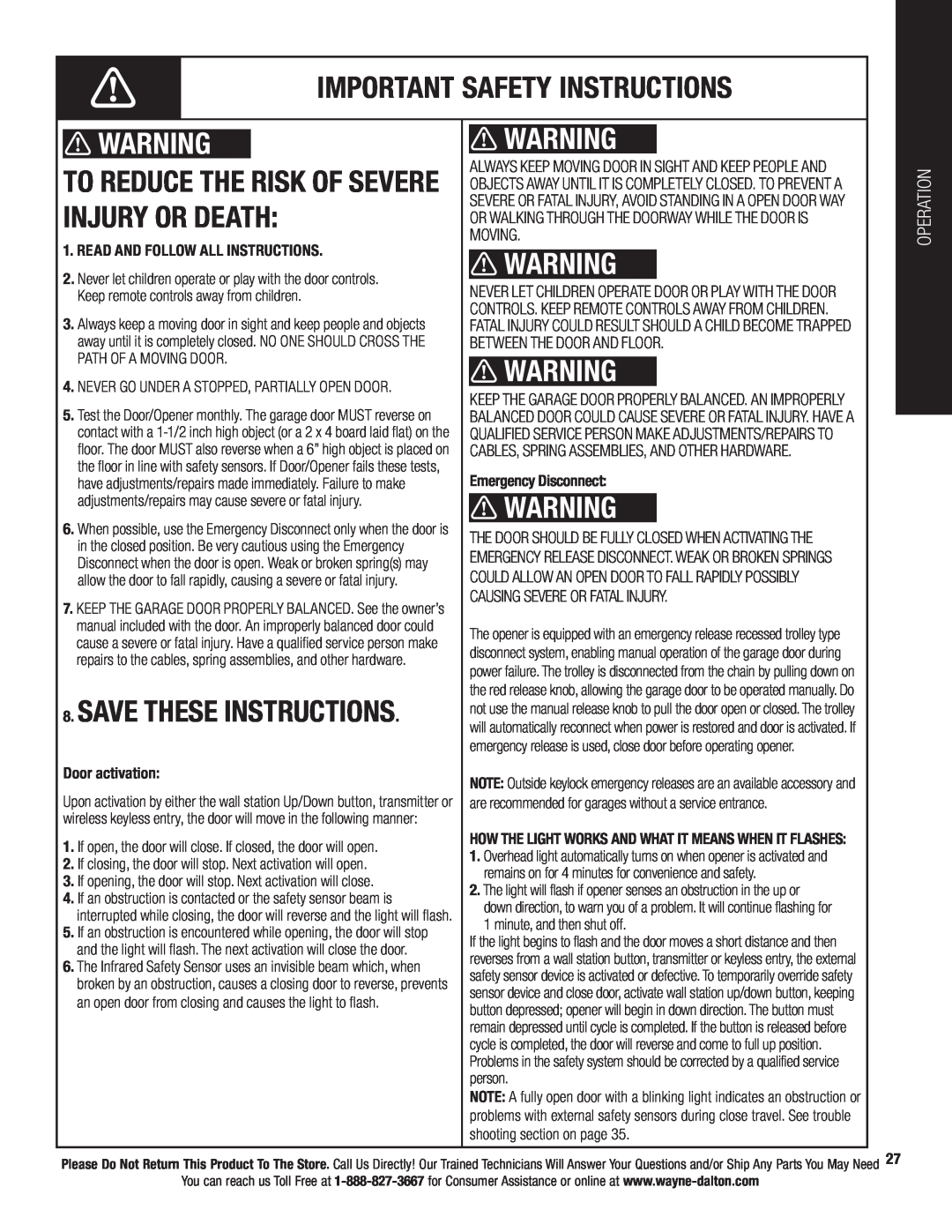 Wayne-Dalton 3224C Important Safety Instructions, To Reduce The Risk Of Severe Injury Or Death, Save These Instructions 