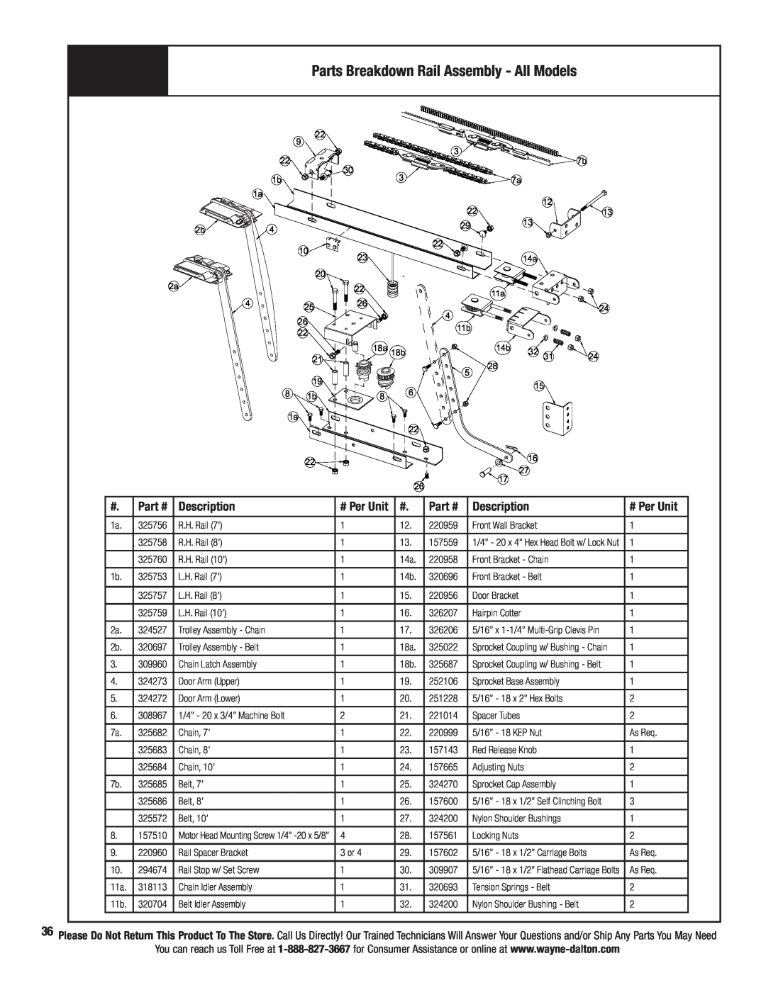 Wayne-Dalton 3224C-Z, 3324B, 3322B-Z, 3320B, 3222C, 3220C Parts Breakdown Rail Assembly - All Models, Description, # Per Unit 