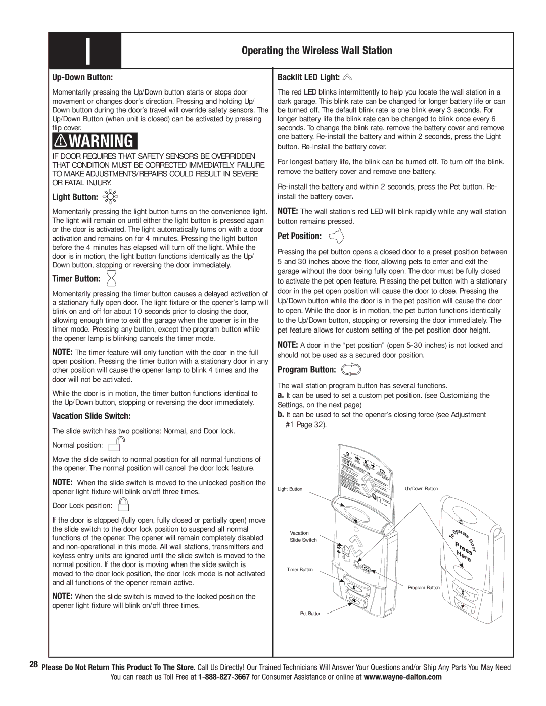 Wayne-Dalton 3324B-Z installation instructions Operating the Wireless Wall Station 