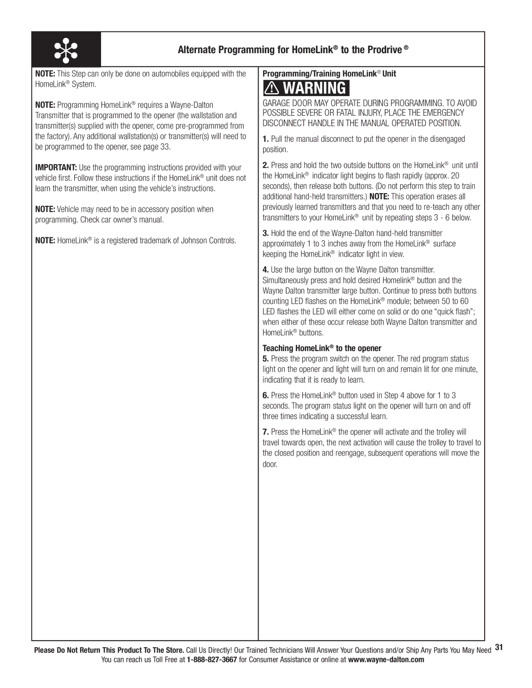 Wayne-Dalton 3324B-Z installation instructions Alternate Programming for HomeLink to the Prodrive 