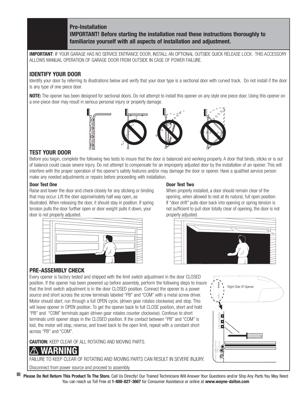Wayne-Dalton 3324B-Z Pre-Installation, Door Test One, Door Test Two, Disconnect from power source and proceed to assembly 