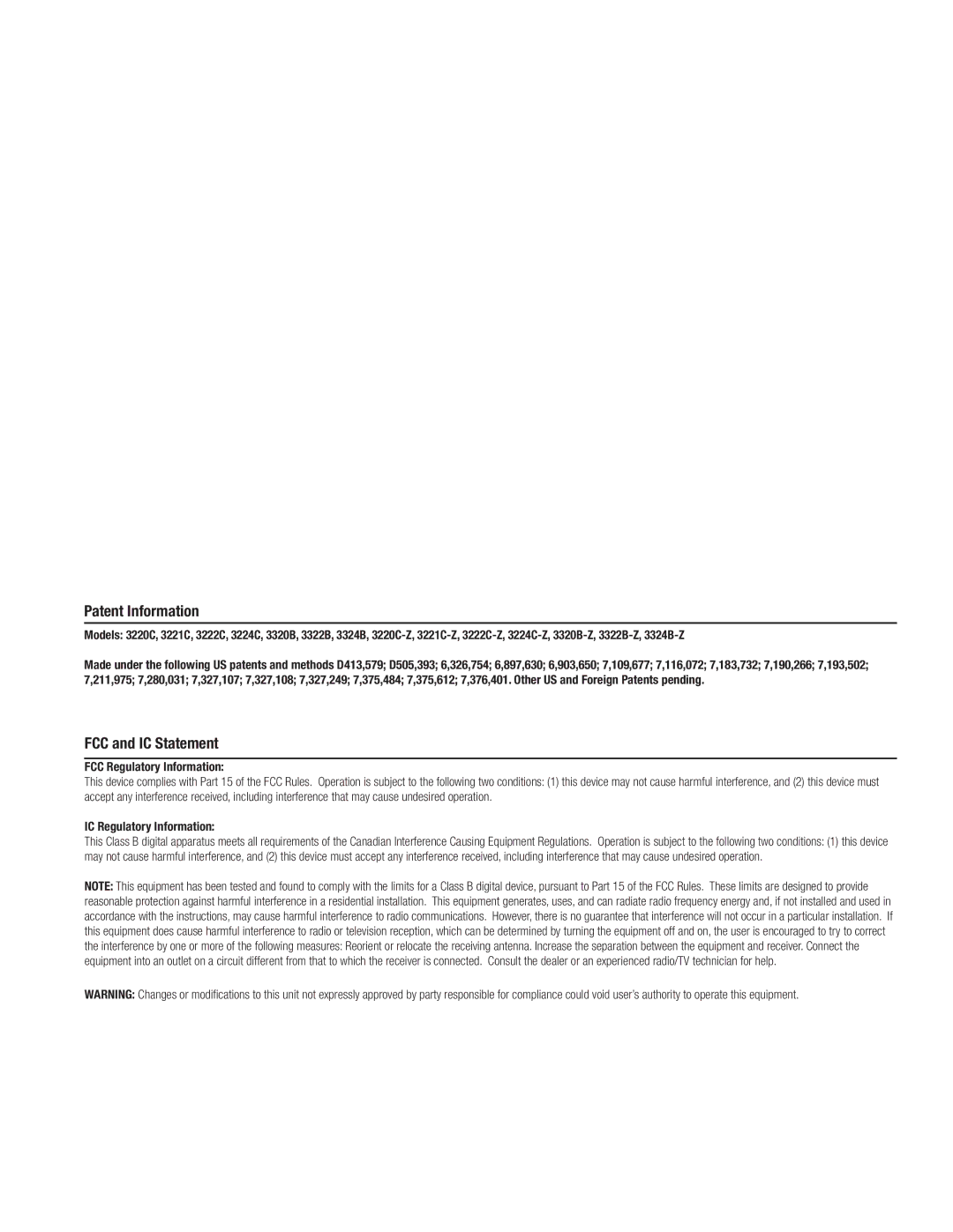 Wayne-Dalton 3324B-Z installation instructions Patent Information, FCC and IC Statement 