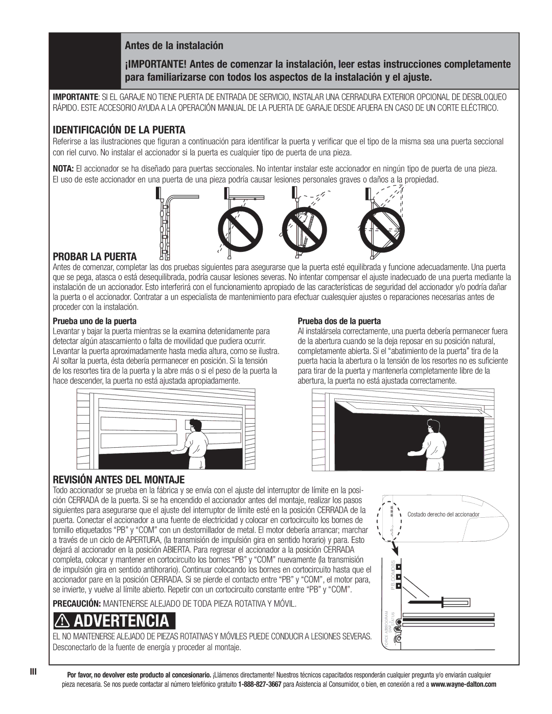 Wayne-Dalton 3324B-Z installation instructions Antes de la instalación, Prueba uno de la puerta, Prueba dos de la puerta 