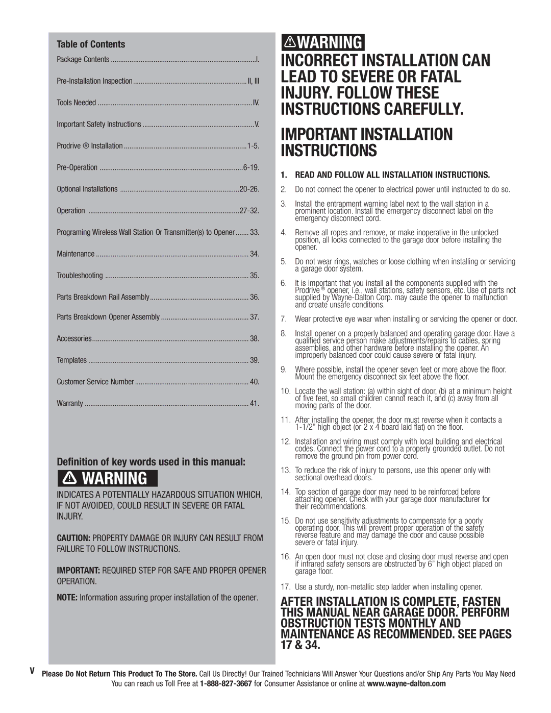 Wayne-Dalton 3324B-Z installation instructions Deﬁnition of key words used in this manual, Table of Contents 