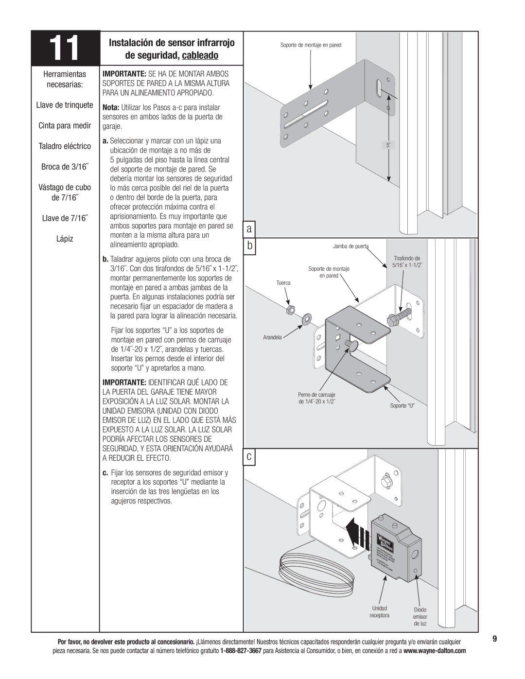 Wayne-Dalton 3324B-Z De seguridad, cableado, Instalación de sensor infrarrojo, Herramientas necesarias, Arandela 