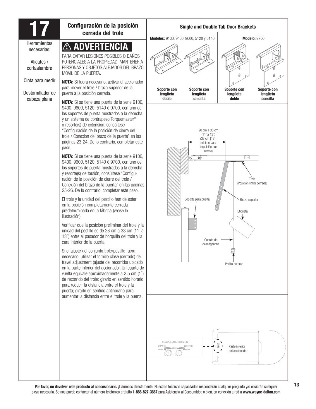 Wayne-Dalton 3324B-Z installation instructions Configuración de la posición, Cerrada del trole, Móvil DE LA Puerta 