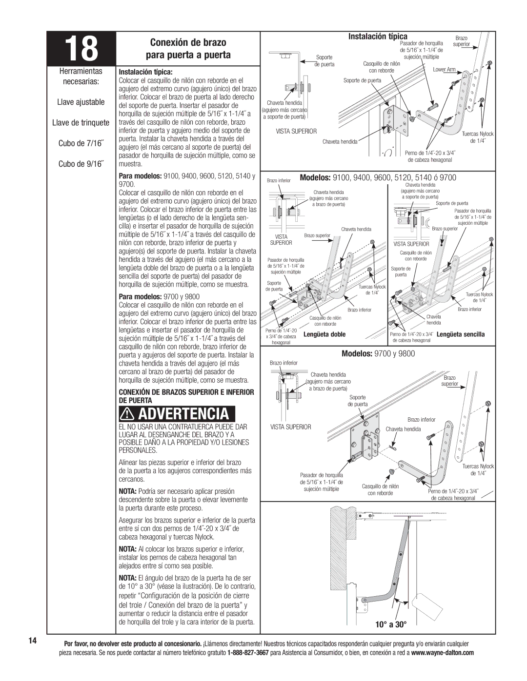 Wayne-Dalton 3324B-Z installation instructions Conexión de brazo, Para puerta a puerta, Modelos 9700 y, 10 a 