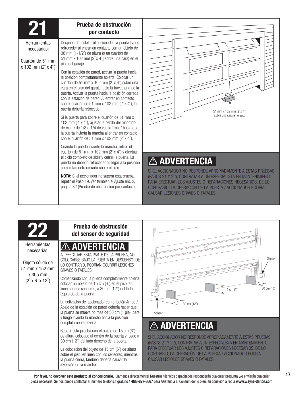 Wayne-Dalton 3324B-Z Por contacto, Prueba de obstrucción Del sensor de seguridad, Causar Lesiones Graves O Fatales 