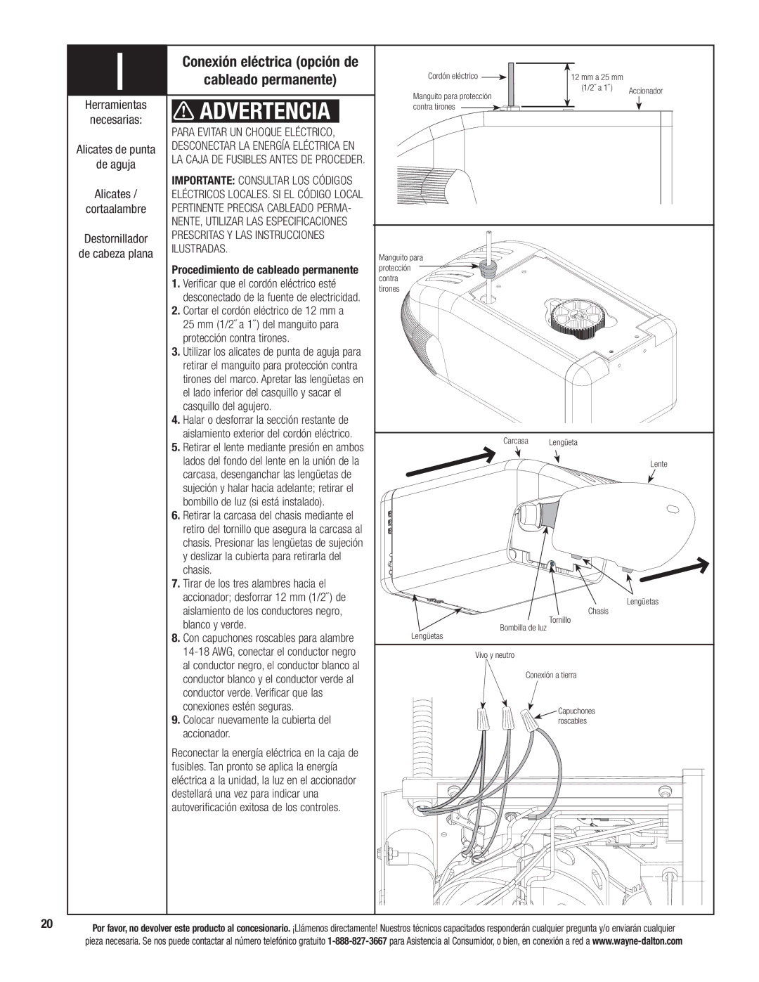 Wayne-Dalton 3324B-Z installation instructions Conexión eléctrica opción de Cableado permanente, Ilustradas 