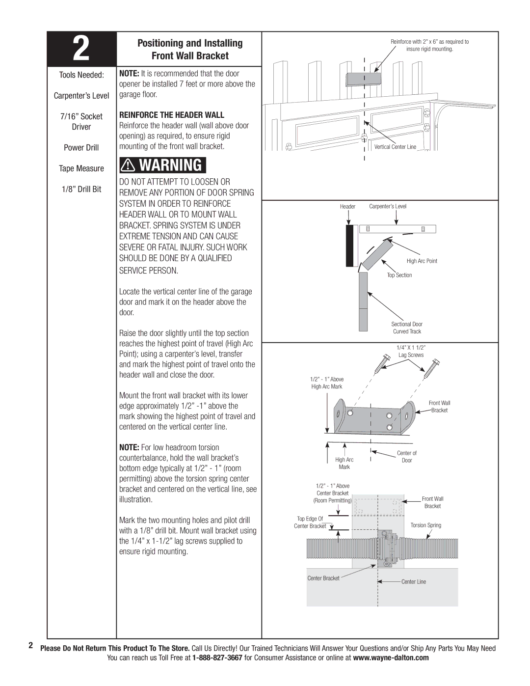 Wayne-Dalton 3324B-Z Positioning and Installing Front Wall Bracket, Service Person, Reinforce the Header Wall 