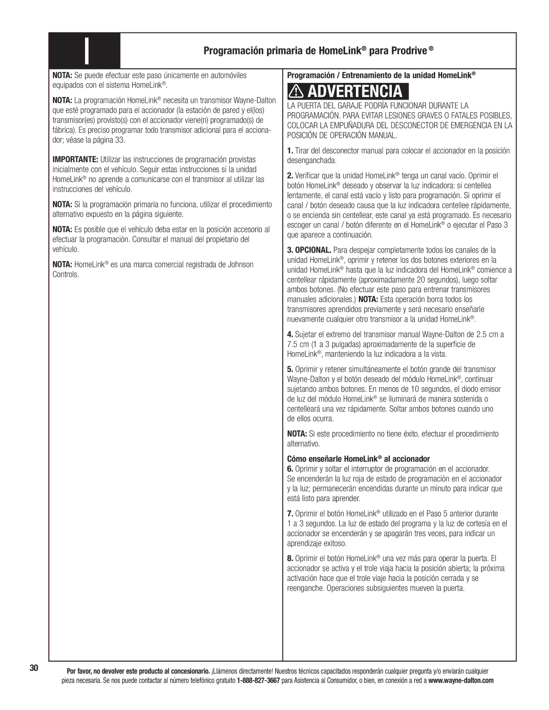 Wayne-Dalton 3324B-Z installation instructions Programación primaria de HomeLink para Prodrive 