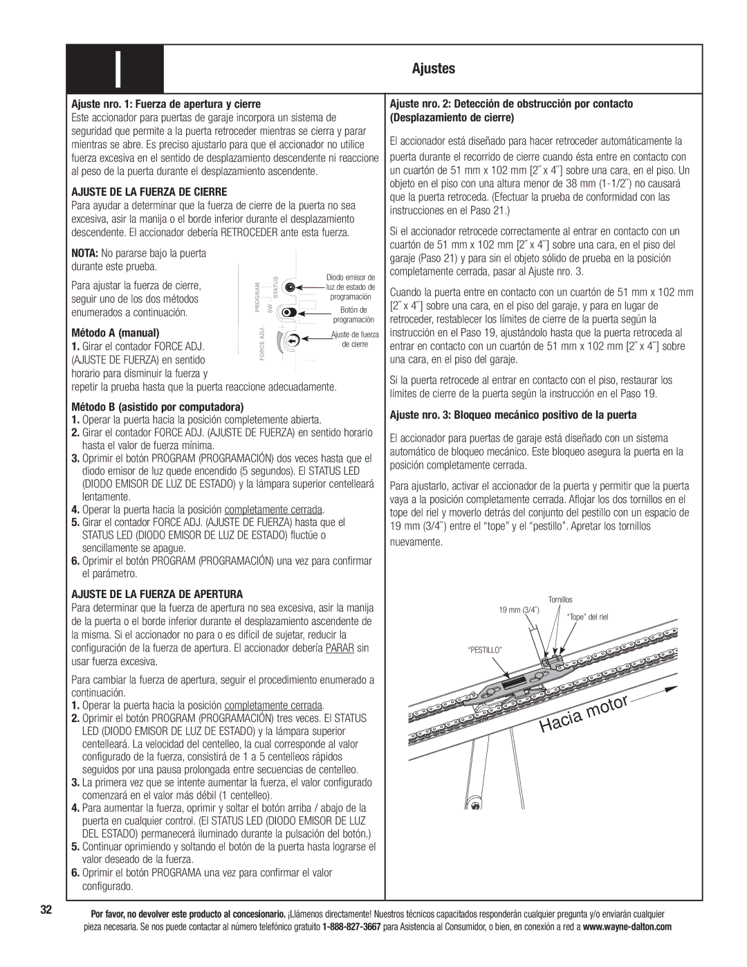 Wayne-Dalton 3324B-Z installation instructions Ajustes, Ajuste DE LA Fuerza DE Cierre, Ajuste DE LA Fuerza DE Apertura 