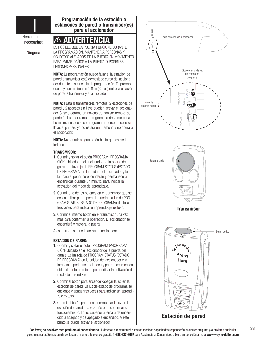 Wayne-Dalton 3324B-Z installation instructions Transmisor, Estación DE Pared 