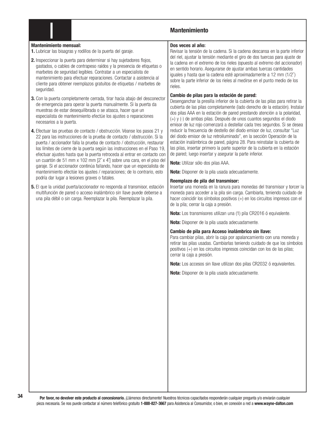 Wayne-Dalton 3324B-Z installation instructions Mantenimiento, Dos veces al año, Cambio de pilas para la estación de pared 