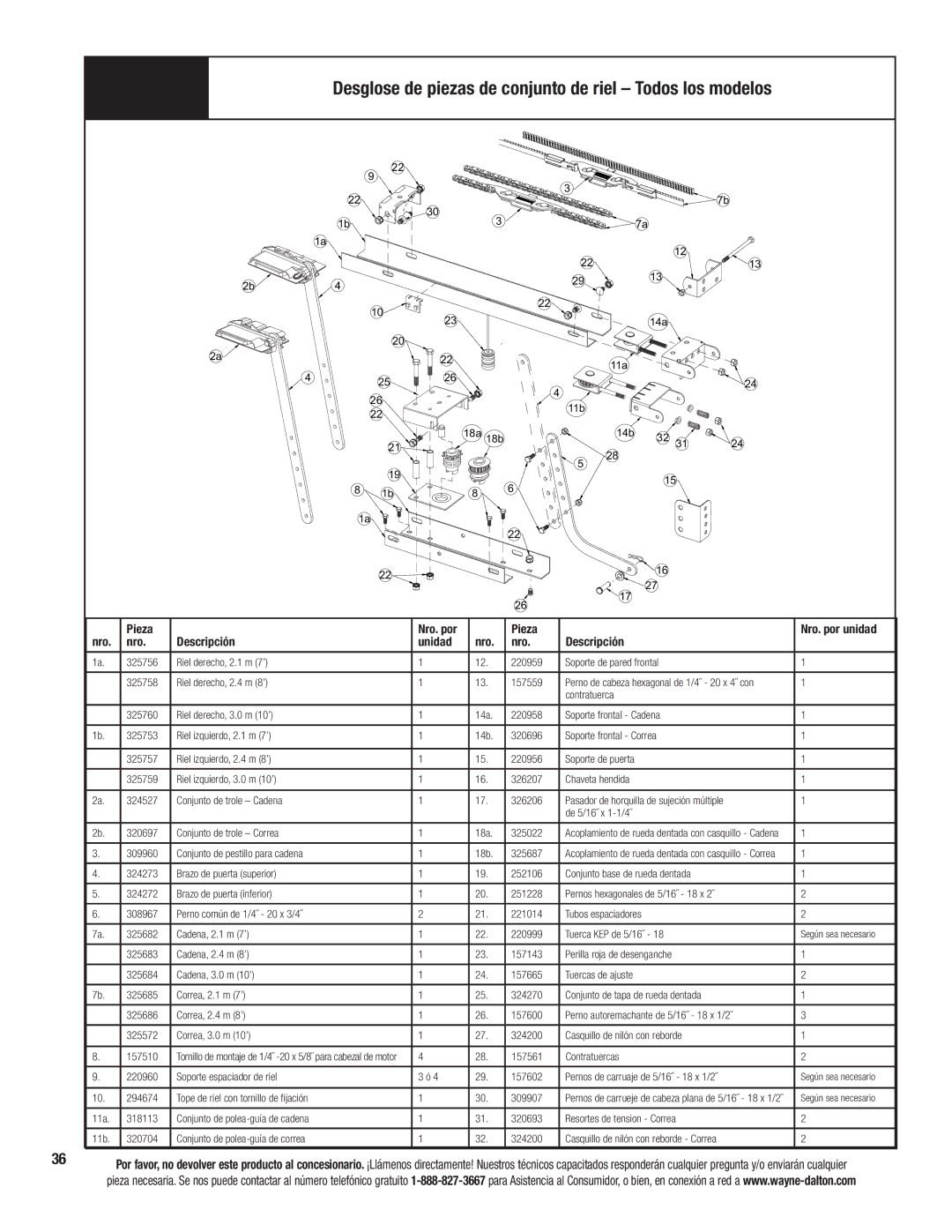 Wayne-Dalton 3324B-Z Pieza Nro. por, Nro Descripción Unidad, Nro. por unidad, Conjunto de pestillo para cadena 18b 325687 