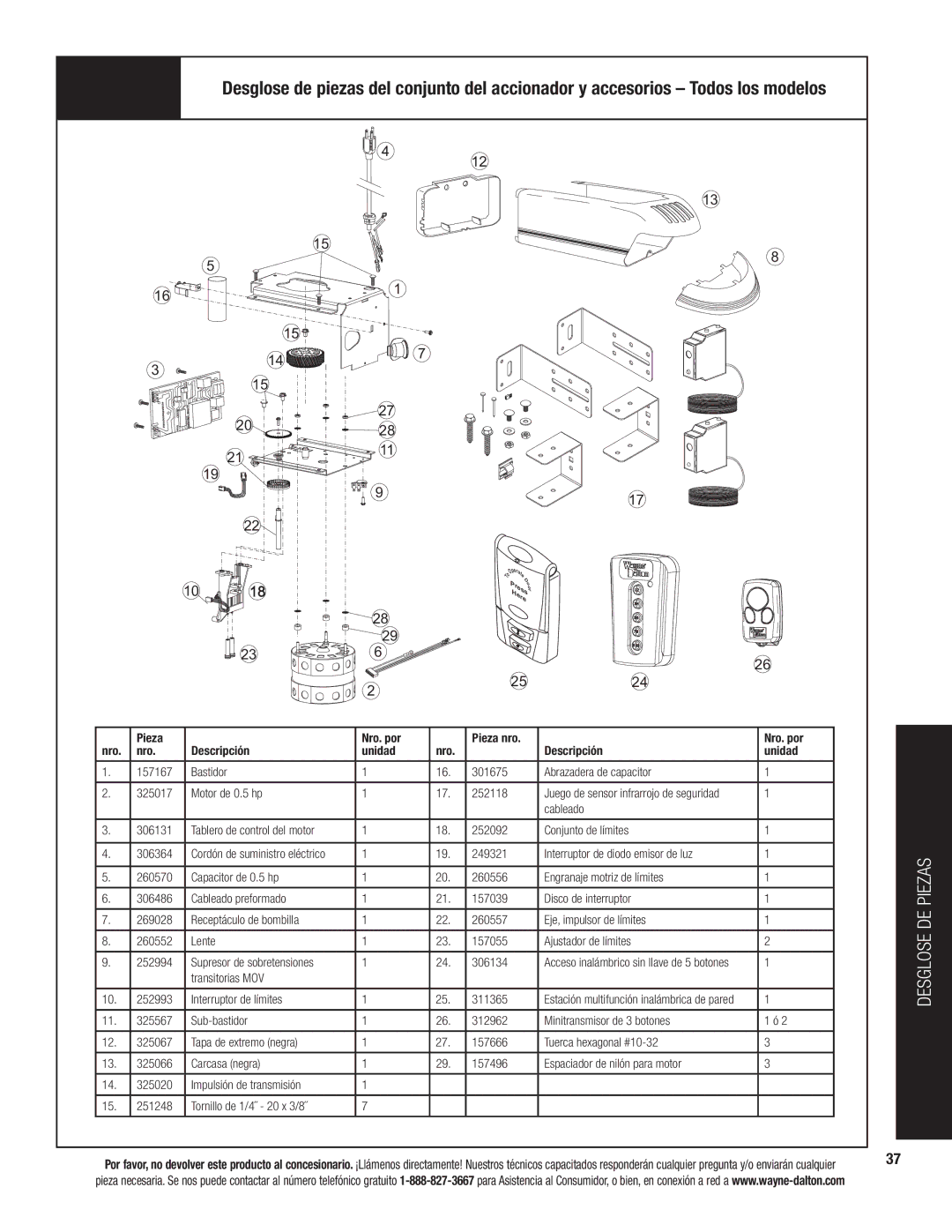 Wayne-Dalton 3324B-Z Transitorias MOV 252993 Interruptor de límites 311365, Juego de sensor infrarrojo de seguridad 